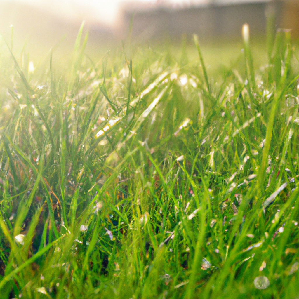 Uitgestrekte Belgische tuin in de ochtendzon met vers gemaaid gazon en dauwdruppels op de grassprieten